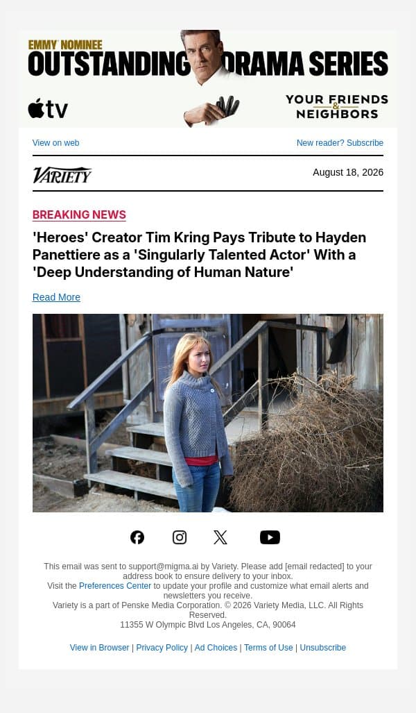 'Heroes' Creator Tim Kring Pays Tribute to Hayden Panettiere as a 'Singularly Talented Actor' With a 'Deep Understanding of Human Nature' email from Variety screenshot