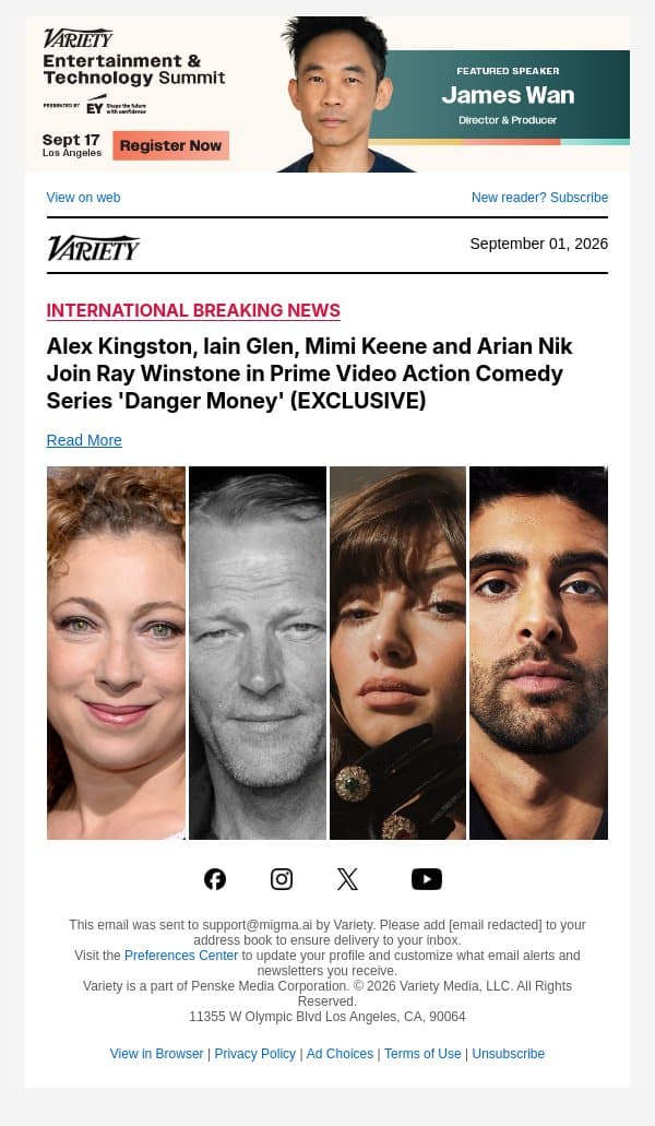Alex Kingston, Iain Glen, Mimi Keene and Arian Nik Join Ray Winstone in Prime Video Action Comedy Series 'Danger Money' (EXCLUSIVE) email from Variety screenshot