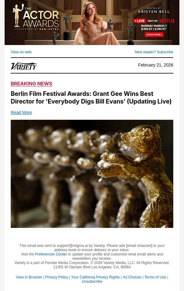 Berlin Film Festival Awards: Grant Gee Wins Best Director for 'Everybody Digs Bill Evans' (Updating Live) email from Variety screenshot