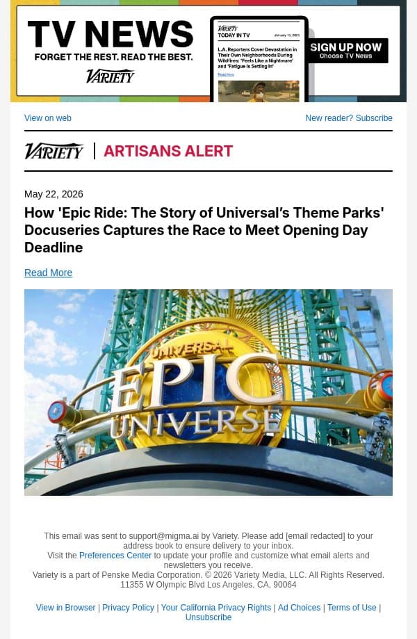 How 'Epic Ride: The Story of Universal’s Theme Parks' Docuseries Captures the Race to Meet Opening Day Deadline email from Variety screenshot