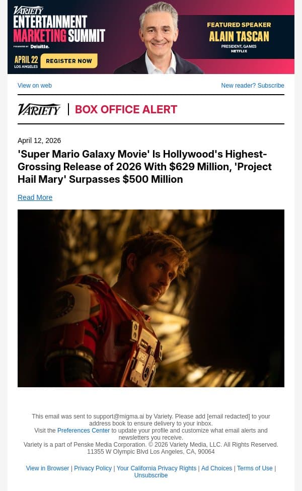 'Super Mario Galaxy Movie' Is Hollywood's Highest-Grossing Release of 2026 With $629 Million, 'Project Hail Mary' Surpasses $500 Million email from Variety screenshot