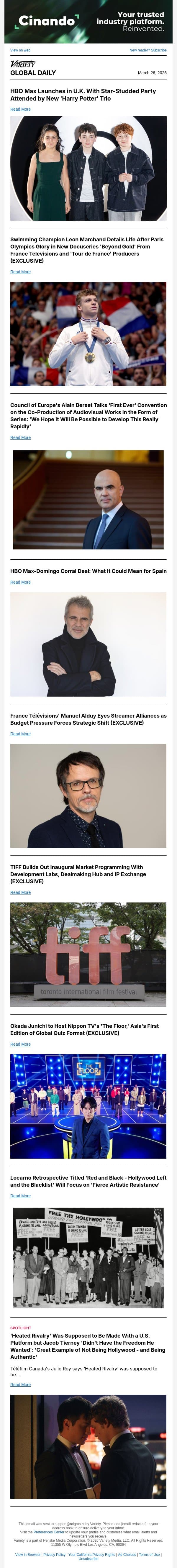 HBO Max Launches in U.K.; Leon Marchand Gets Doc; European Co-Production Treaty Unveiled email from Variety screenshot
