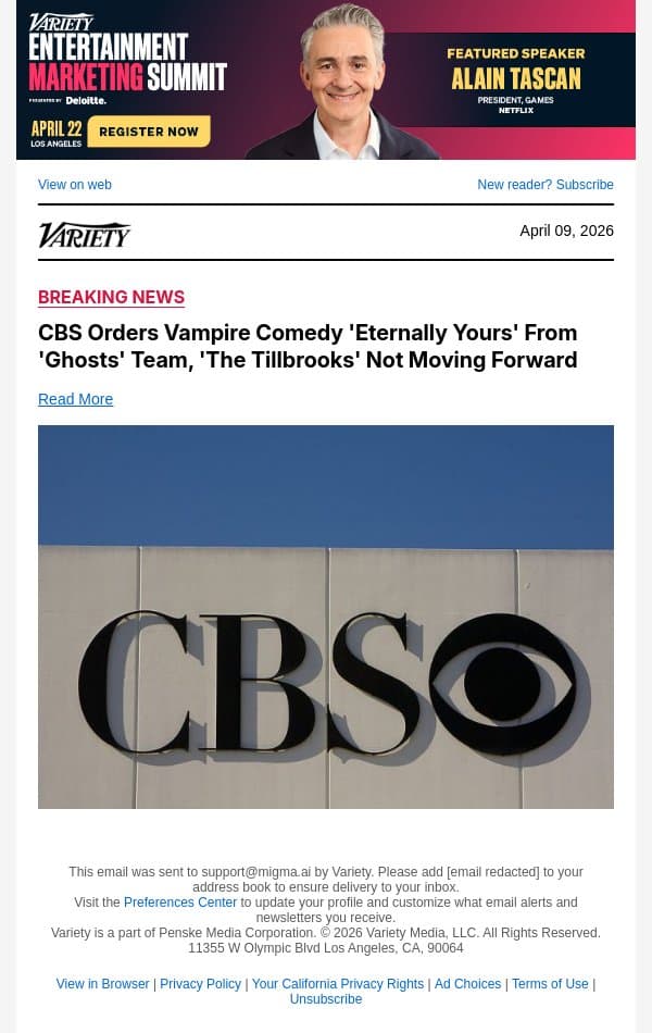 CBS Orders Vampire Comedy 'Eternally Yours' From 'Ghosts' Team, 'The Tillbrooks' Not Moving Forward email from Variety screenshot