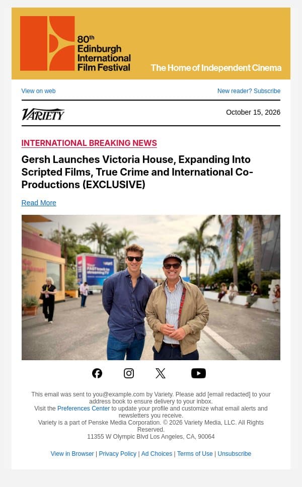 Gersh Launches Victoria House, Expanding Into Scripted Films, True Crime and International Co-Productions (EXCLUSIVE) email from Variety screenshot