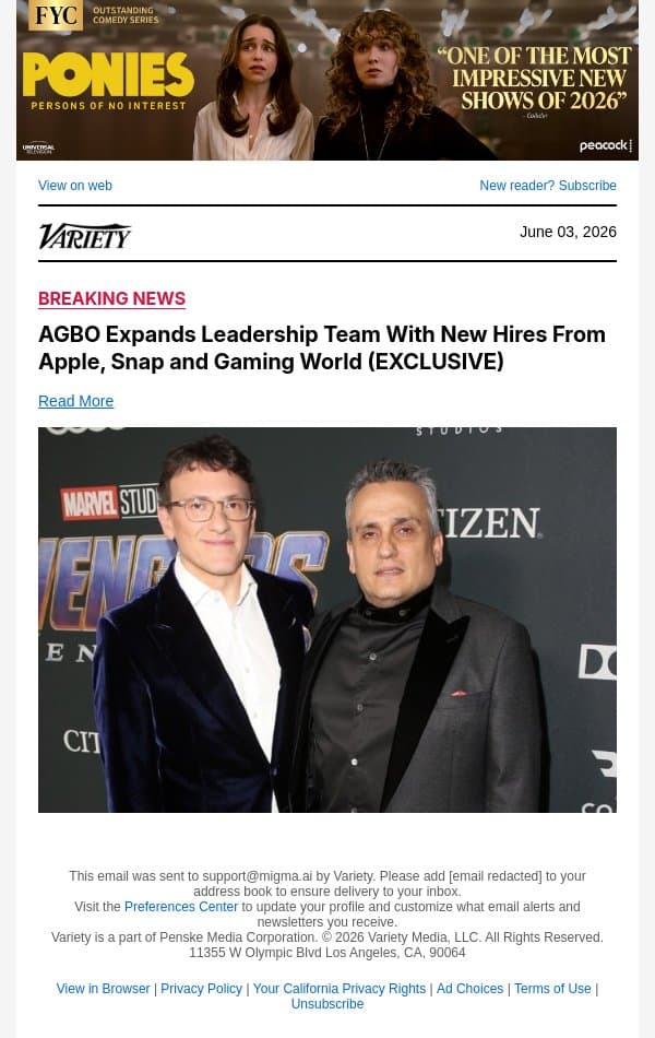 AGBO Expands Leadership Team With New Hires From Apple, Snap and Gaming World (EXCLUSIVE) email from Variety screenshot