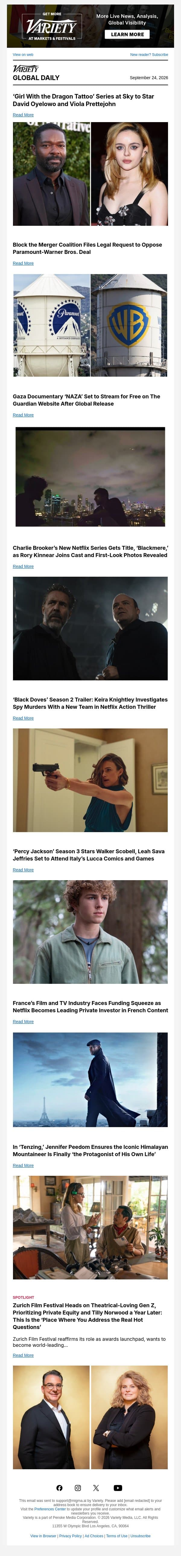 'Girl With the Dragon Tattoo' Series Cast; Block the Merger Coalition's Legal Request; 'NAZA' Global Release email from Variety screenshot