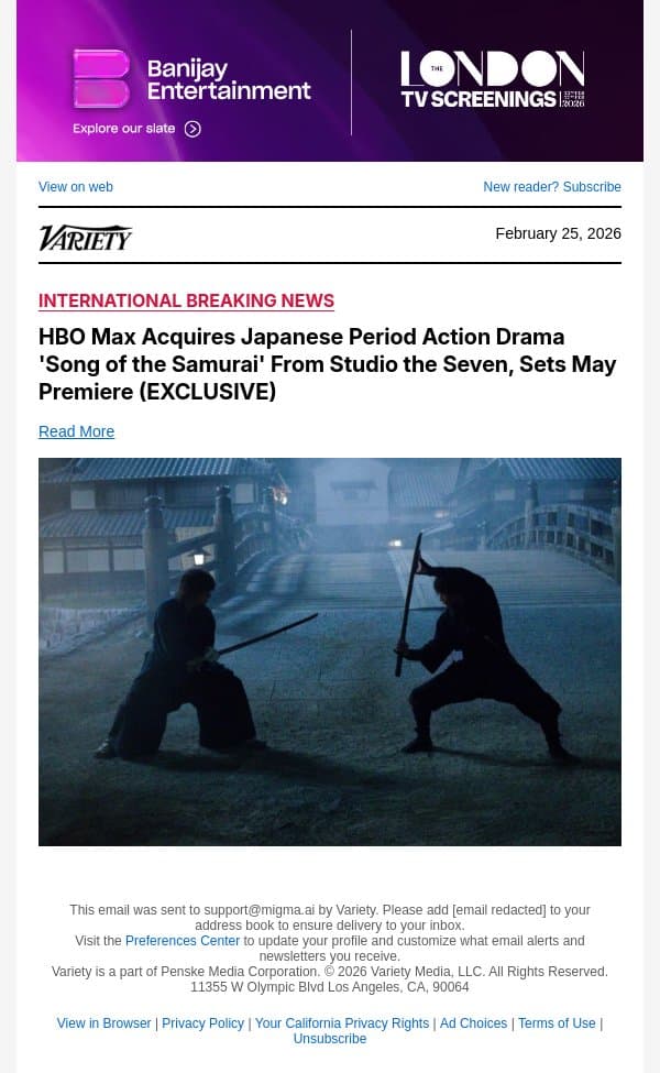 HBO Max Acquires Japanese Period Action Drama 'Song of the Samurai' From Studio the Seven, Sets May Premiere (EXCLUSIVE) email from Variety screenshot