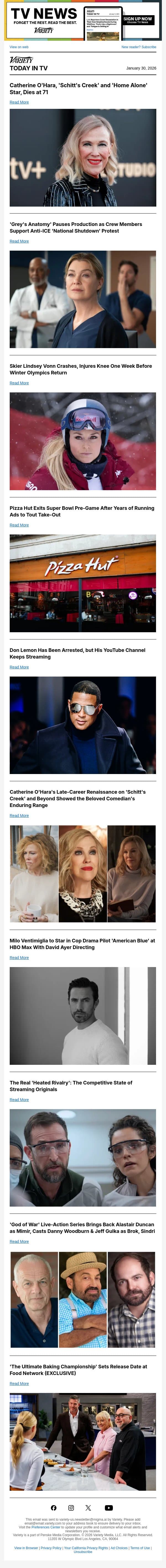Catherine O'Hara Dies; 'Grey's Anatomy' Pauses Production for Anti-ICE Protests; Skier Lindsey Vonn Injured Before Winter Olympics Return email from Variety screenshot