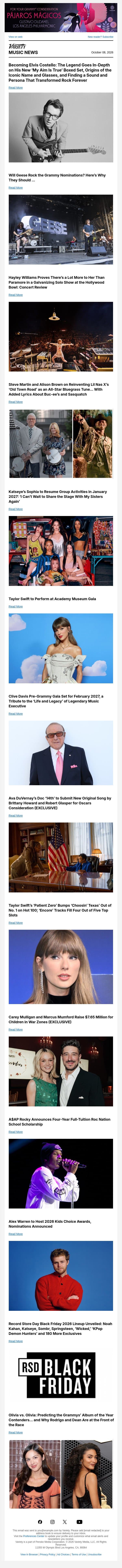 Elvis Costello on Revisiting 'My Aim Is True' for Boxed Set; Will Geese Rock the Grammys?; Hayley Williams Reviewed at the Hollywood Bowl email from Variety screenshot