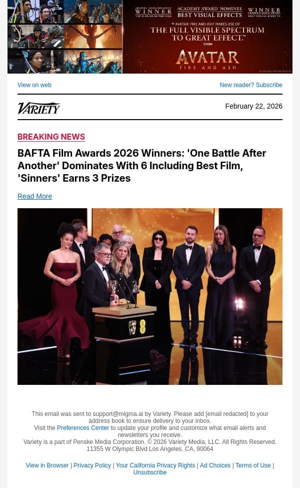 BAFTA Film Awards 2026 Winners: 'One Battle After Another' Dominates With 6 Including Best Film, 'Sinners' Earns 3 Prizes email from Variety screenshot