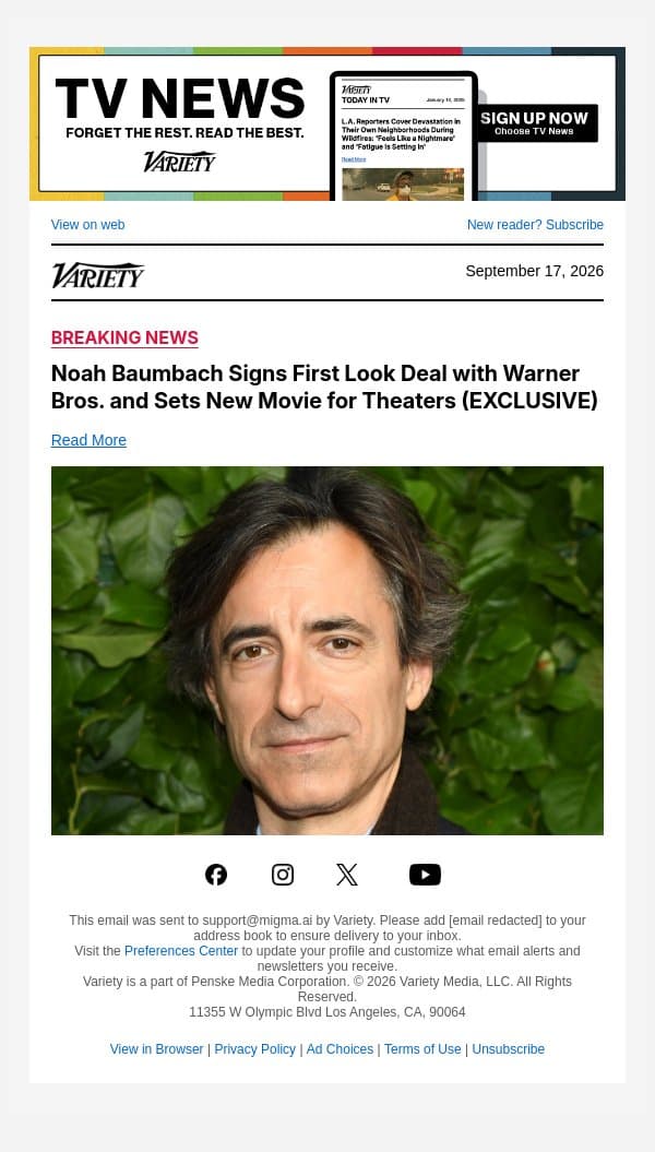 Noah Baumbach Signs First Look Deal with Warner Bros. and Sets New Movie for Theaters (EXCLUSIVE) email from Variety screenshot