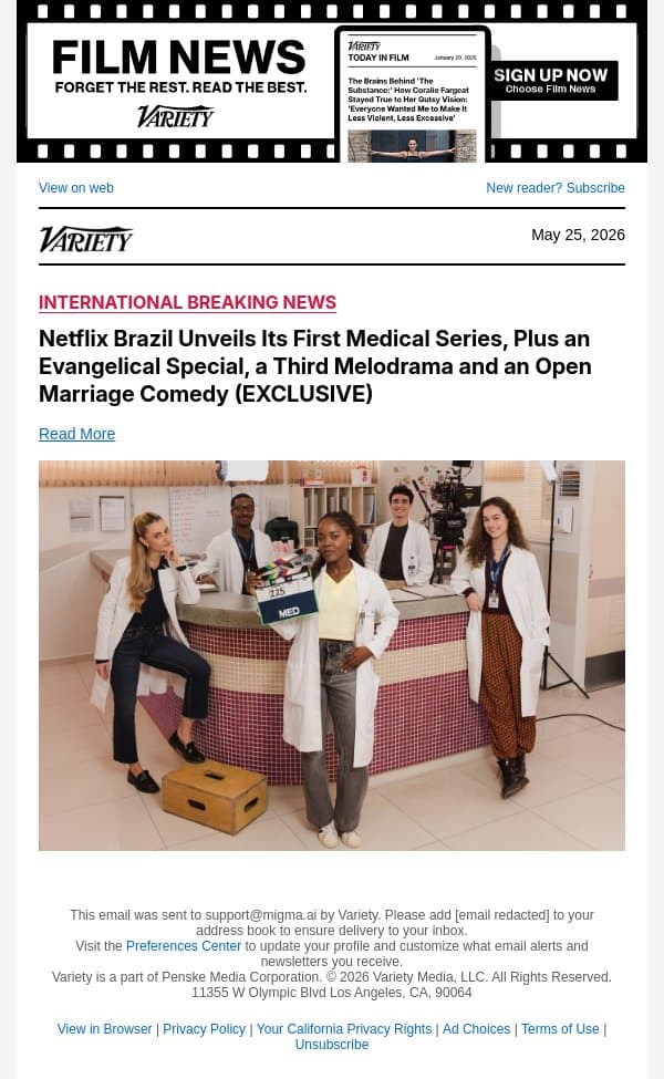 Netflix Brazil Unveils Its First Medical Series, Plus an Evangelical Special, a Third Melodrama and an Open Marriage Comedy (EXCLUSIVE) email from Variety screenshot
