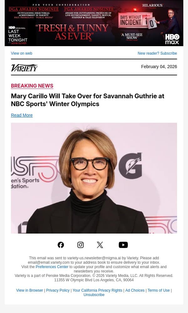 Mary Carillo Will Take Over for Savannah Guthrie at NBC Sports' Winter Olympics email from Variety screenshot