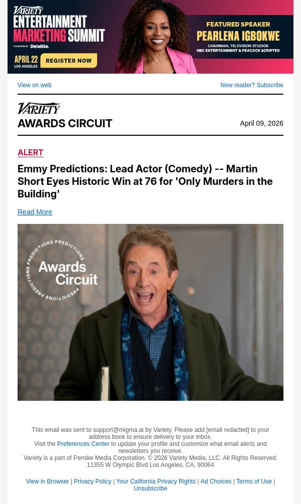 Emmy Predictions: Lead Actor (Comedy) -- Martin Short Eyes Historic Win at 76 for 'Only Murders in the Building' email from Variety screenshot