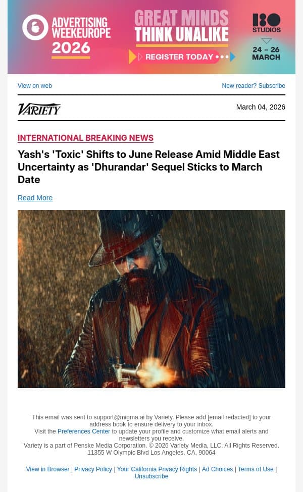 Yash's 'Toxic' Shifts to June Release Amid Middle East Uncertainty as 'Dhurandar' Sequel Sticks to March Date email from Variety screenshot
