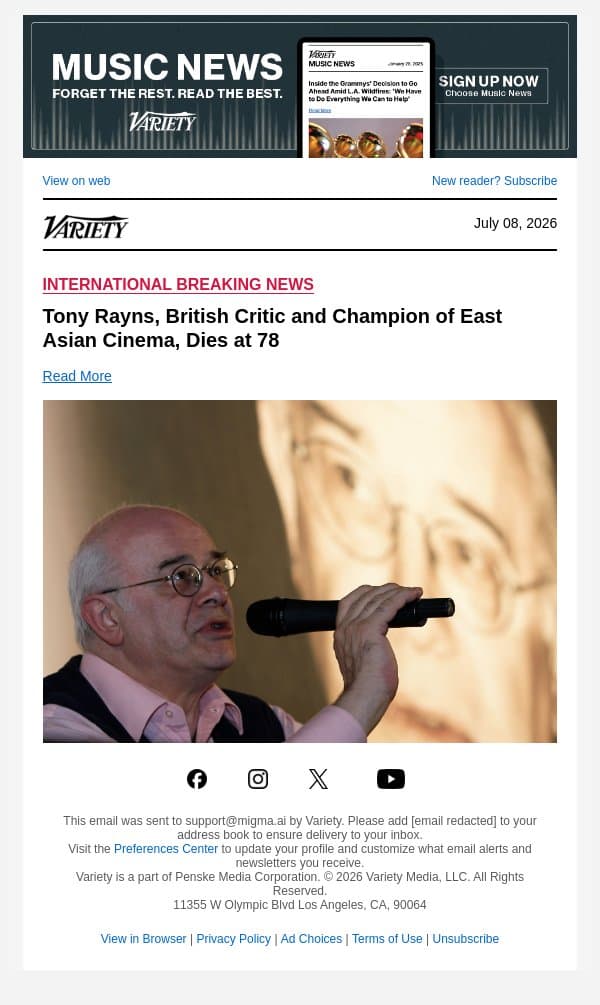 Tony Rayns, British Critic and Champion of East Asian Cinema, Dies at 78 email from Variety screenshot