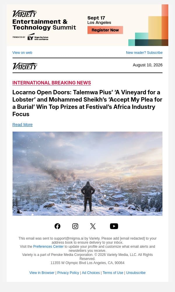 Locarno Open Doors: Talemwa Pius’ ‘A Vineyard for a Lobster’ and Mohammed Sheikh’s ‘Accept My Plea for a Burial’ Win Top Prizes at Festival’s Africa Industry Focus email from Variety screenshot