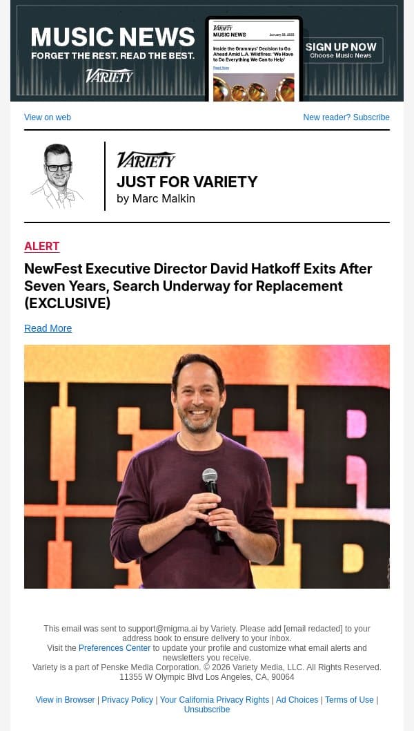 NewFest Executive Director David Hatkoff Exits After Seven Years, Search Underway for Replacement (EXCLUSIVE) email from Variety screenshot