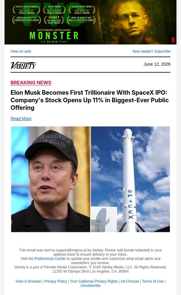 Elon Musk Becomes First Trillionaire With SpaceX IPO: Company's Stock Opens Up 11% in Biggest-Ever Public Offering email from Variety screenshot