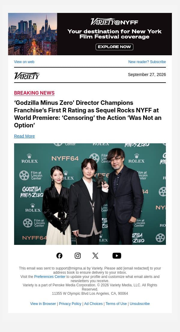 ‘Godzilla Minus Zero' Director Champions Franchise’s First R Rating as Sequel Rocks NYFF at World Premiere: ‘Censoring’ the Action ‘Was Not an Option’ email from Variety screenshot