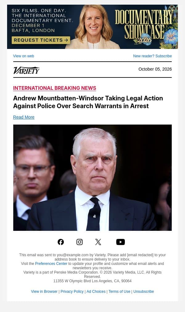 Andrew Mountbatten-Windsor Taking Legal Action Against Police Over Search Warrants in Arrest email from Variety screenshot