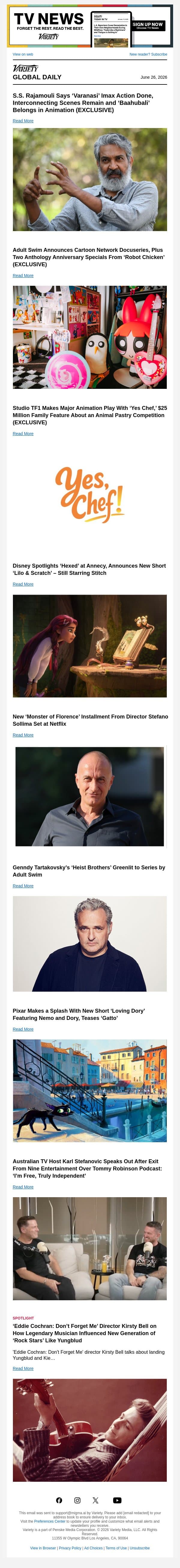 S.S. Rajamouli Gives 'Varanasi' Update; New Adult Swim Series; Studio TF1's Animation Play email from Variety screenshot