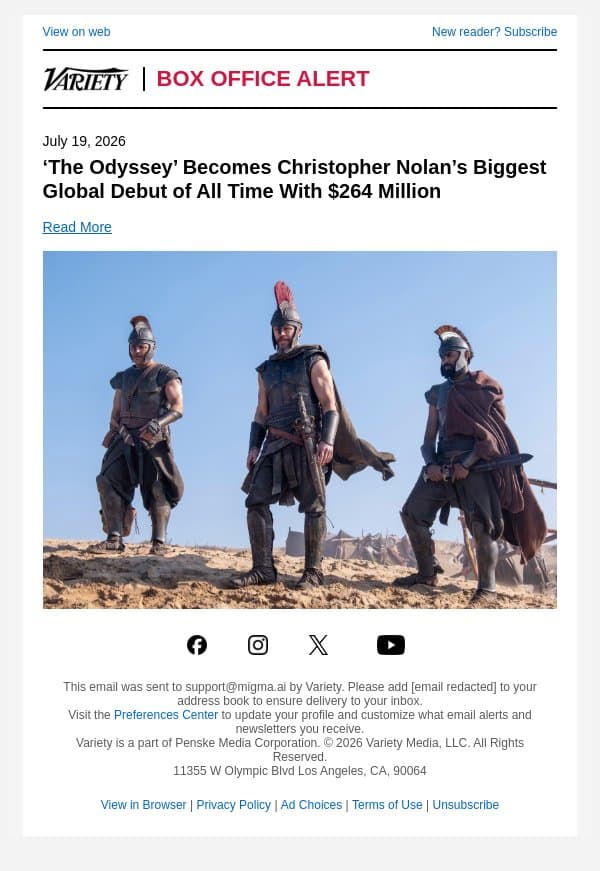 ‘The Odyssey’ Becomes Christopher Nolan’s Biggest Global Debut of All Time With $264 Million email from Variety screenshot