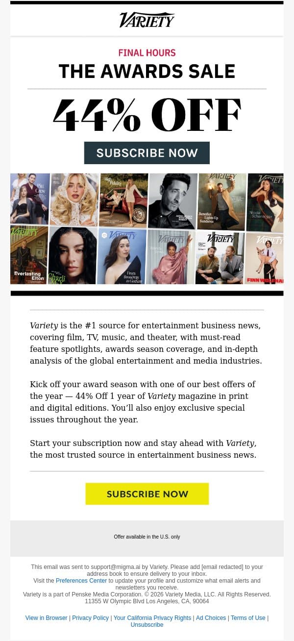 Last Chance: 44% Off Awards Coverage email from Variety screenshot