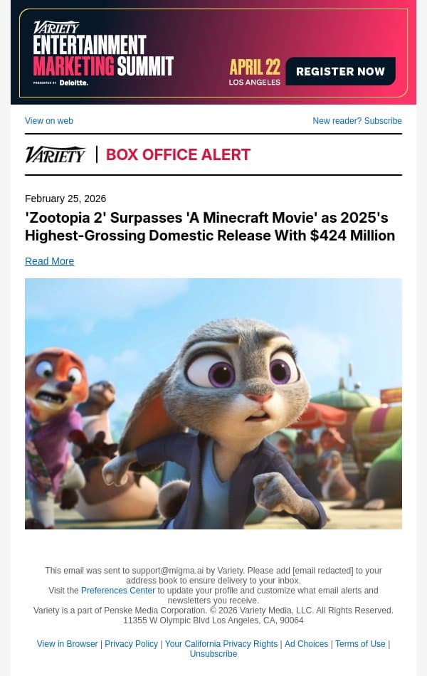 'Zootopia 2' Surpasses 'A Minecraft Movie' as 2025's Highest-Grossing Domestic Release With $424 Million email from Variety screenshot