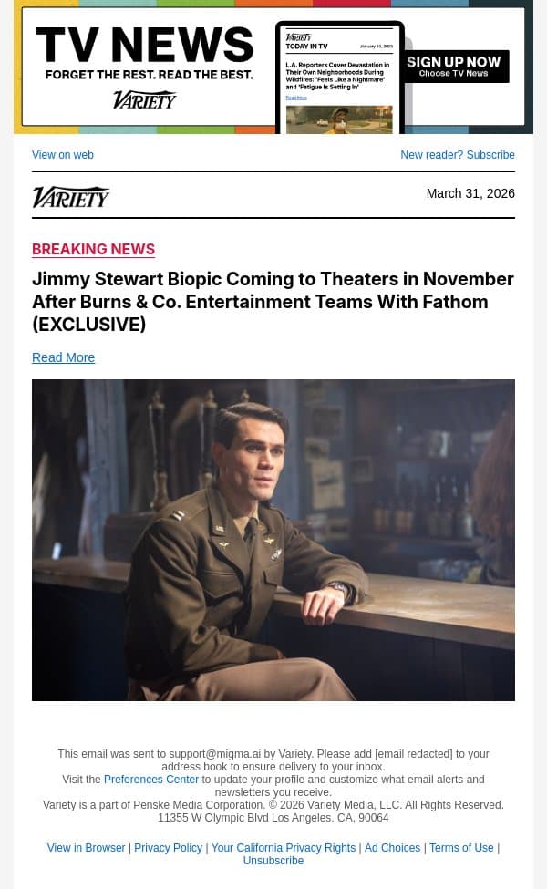 Jimmy Stewart Biopic Coming to Theaters in November After Burns and Co. Entertainment Teams With Fathom (EXCLUSIVE) email from Variety screenshot