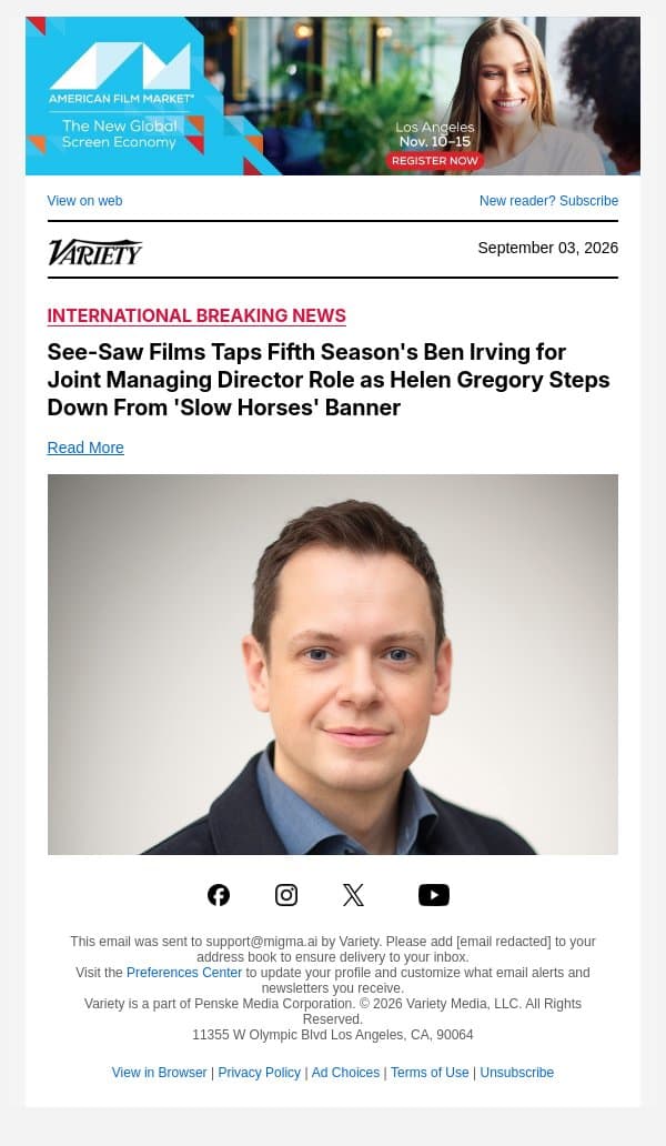 See-Saw Films Taps Fifth Season's Ben Irving for Joint Managing Director Role as Helen Gregory Steps Down From 'Slow Horses' Banner email from Variety screenshot