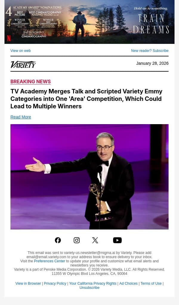 TV Academy Merges Talk and Scripted Variety Emmy Categories into One 'Area' Competition, Which Could Lead to Multiple Winners email from Variety screenshot