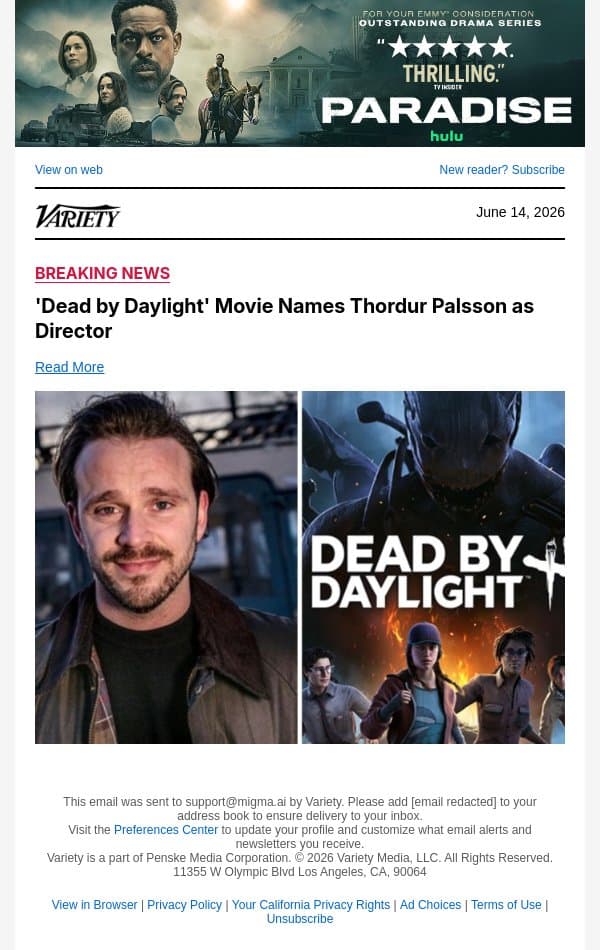'Dead by Daylight' Movie Names Thordur Palsson as Director email from Variety screenshot