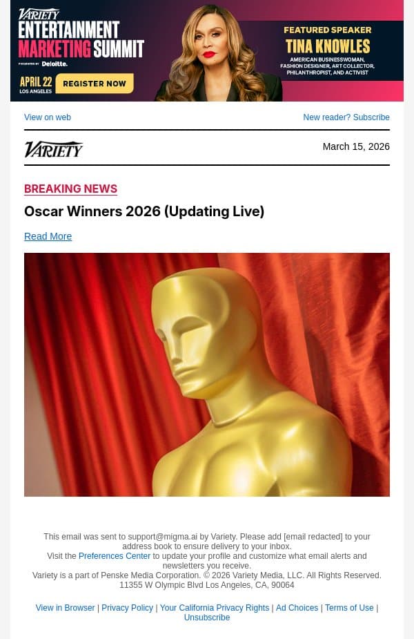 ‘Sinners’ Wins Oscar for Original Score email from Variety screenshot