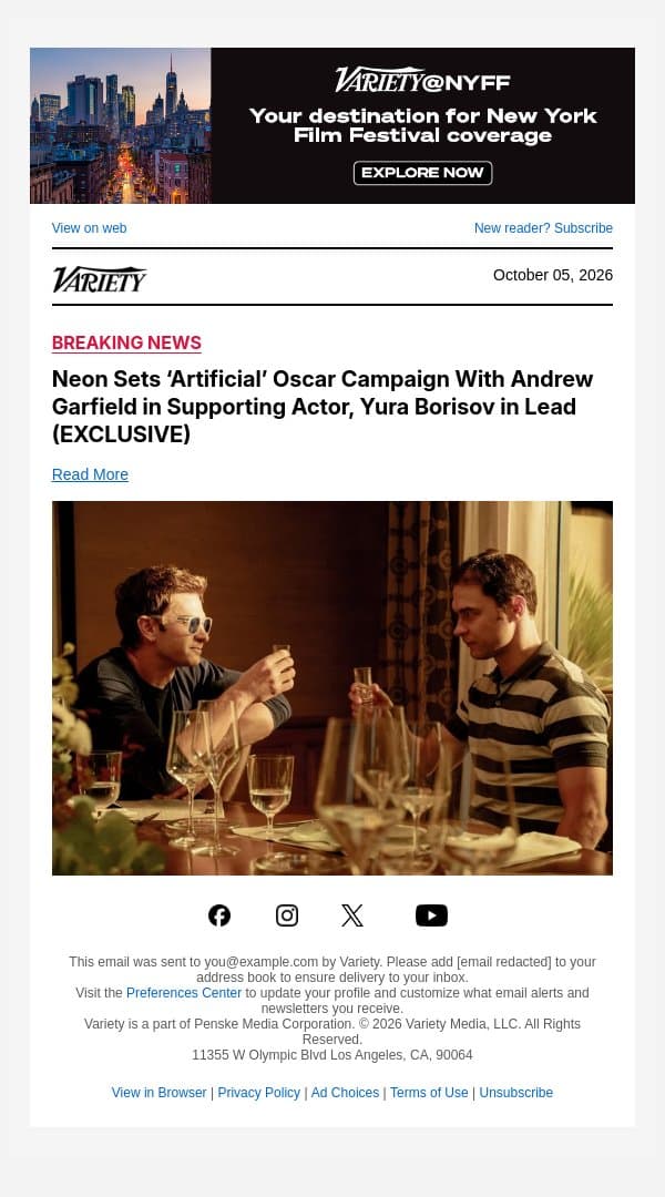 Neon Sets ‘Artificial’ Oscar Campaign With Andrew Garfield in Supporting Actor, Yura Borisov in Lead (EXCLUSIVE) email from Variety screenshot