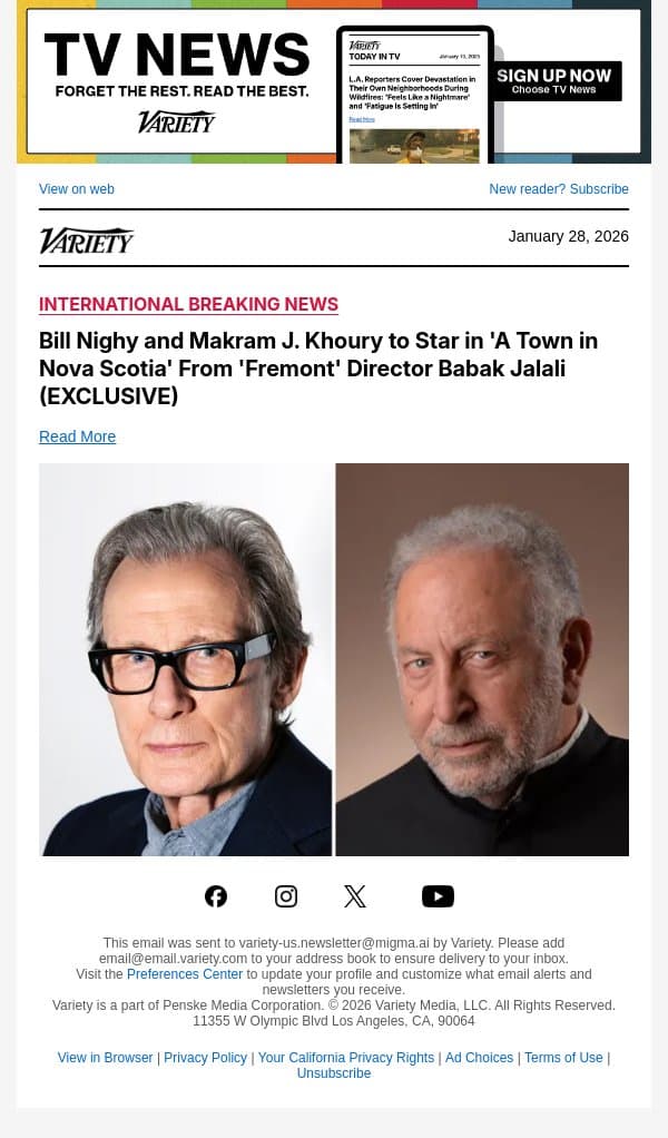 Bill Nighy and Makram J. Khoury to Star in 'A Town in Nova Scotia' From 'Fremont' Director Babak Jalali (EXCLUSIVE) email from Variety screenshot