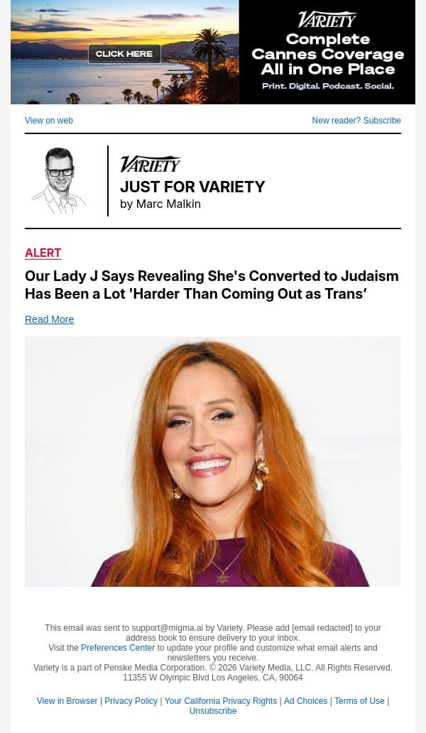 Our Lady J Says Revealing She's Converted to Judaism Has Been a Lot 'Harder Than Coming Out as Trans’ email from Variety screenshot