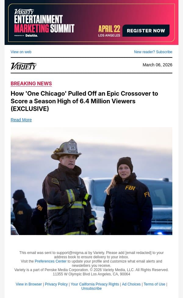 How 'One Chicago' Pulled Off an Epic Crossover to Score a Season High of 6.4 Million Viewers (EXCLUSIVE) email from Variety screenshot