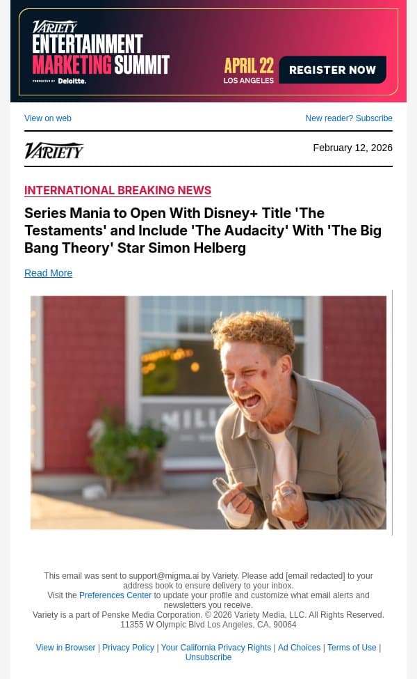 Series Mania to Open With Disney+ Title 'The Testaments' and Include 'The Audacity' With 'The Big Bang Theory' Star Simon Helberg email from Variety screenshot