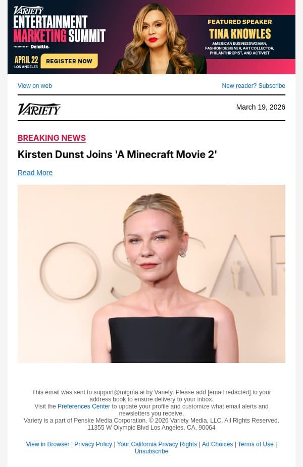 Kirsten Dunst Joins 'A Minecraft Movie 2' email from Variety screenshot