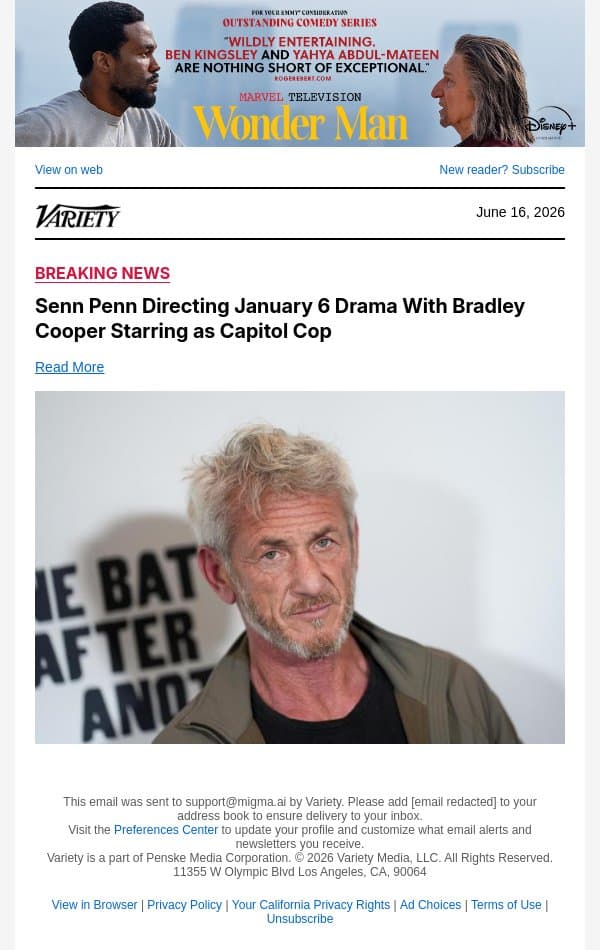Senn Penn Directing January 6 Drama With Bradley Cooper Starring as Capitol Cop email from Variety screenshot