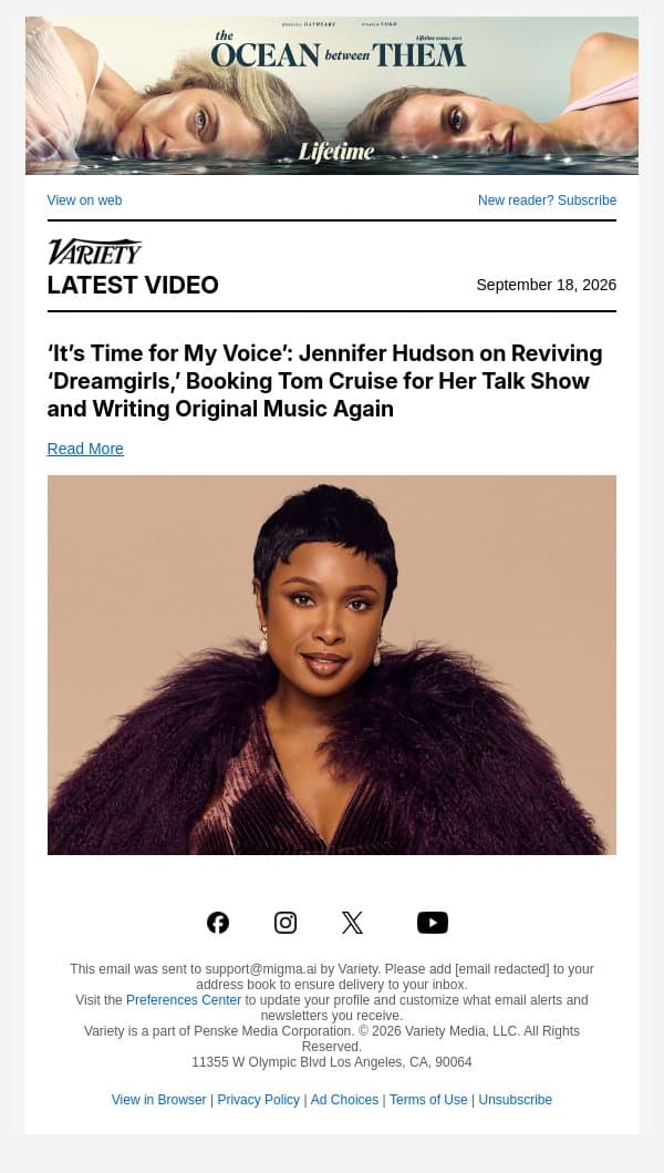 ‘It’s Time for My Voice’: Jennifer Hudson on Reviving ‘Dreamgirls,’ Booking Tom Cruise for Her Talk Show and Writing Original Music Again email from Variety screenshot