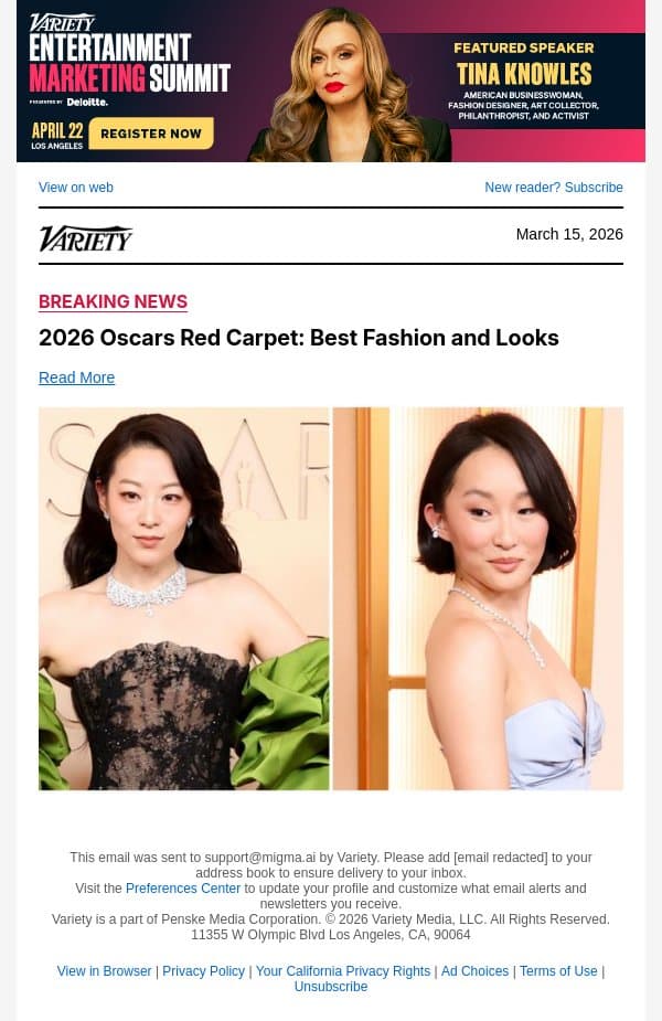 2026 Oscars Red Carpet: Best Fashion and Looks email from Variety screenshot
