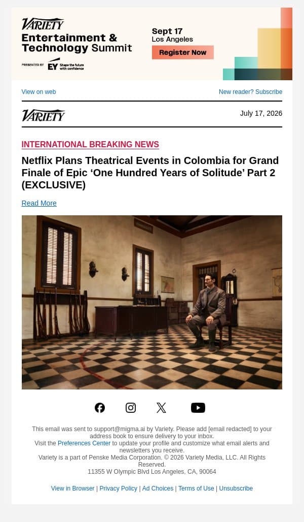 Netflix Plans Theatrical Events in Colombia for Grand Finale of Epic ‘One Hundred Years of Solitude’ Part 2 (EXCLUSIVE) email from Variety screenshot