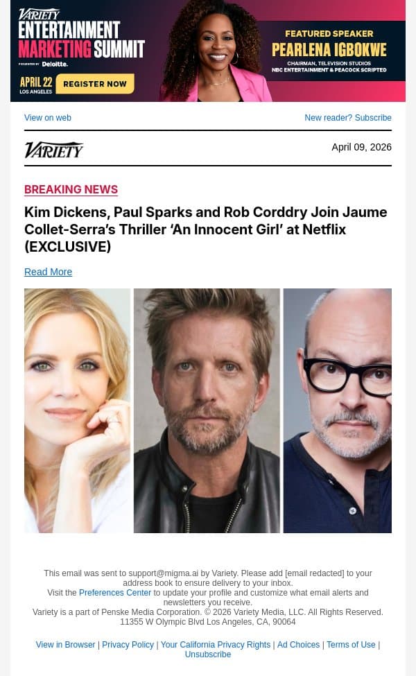 Kim Dickens, Paul Sparks and Rob Corddry Join Jaume Collet-Serra’s Thriller ‘An Innocent Girl’ at Netflix (EXCLUSIVE) email from Variety screenshot