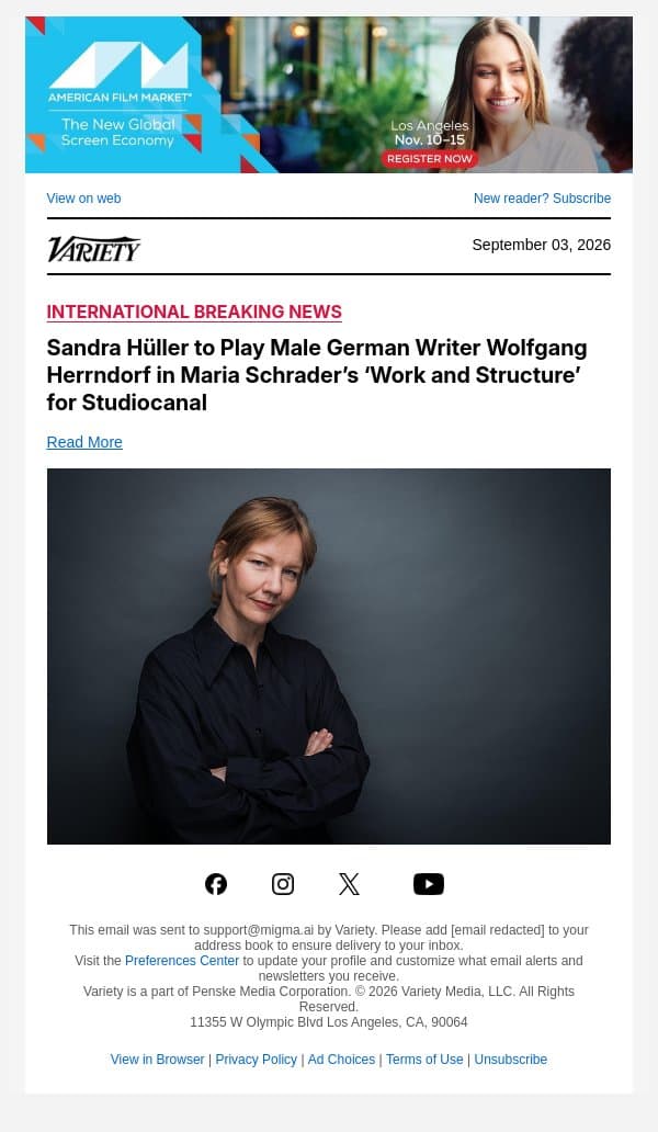 Sandra Hüller to Play Male German Writer Wolfgang Herrndorf in Maria Schrader’s ‘Work and Structure’ for Studiocanal email from Variety screenshot