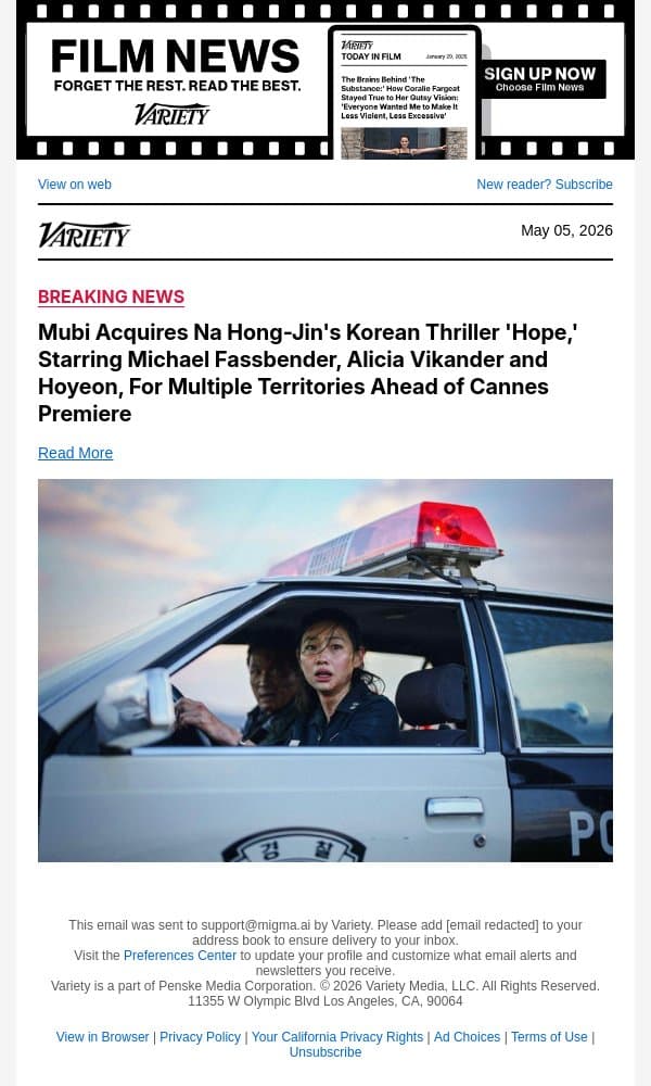 Mubi Acquires Na Hong-Jin's Korean Thriller 'Hope,' Starring Michael Fassbender, Alicia Vikander and Hoyeon, For Multiple Territories Ahead of Cannes Premiere email from Variety screenshot