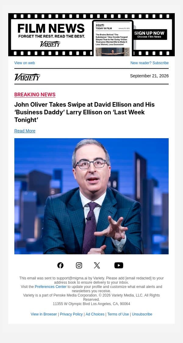 John Oliver Takes Swipe at David Ellison and His ‘Business Daddy’ Larry Ellison on ‘Last Week Tonight’ email from Variety screenshot