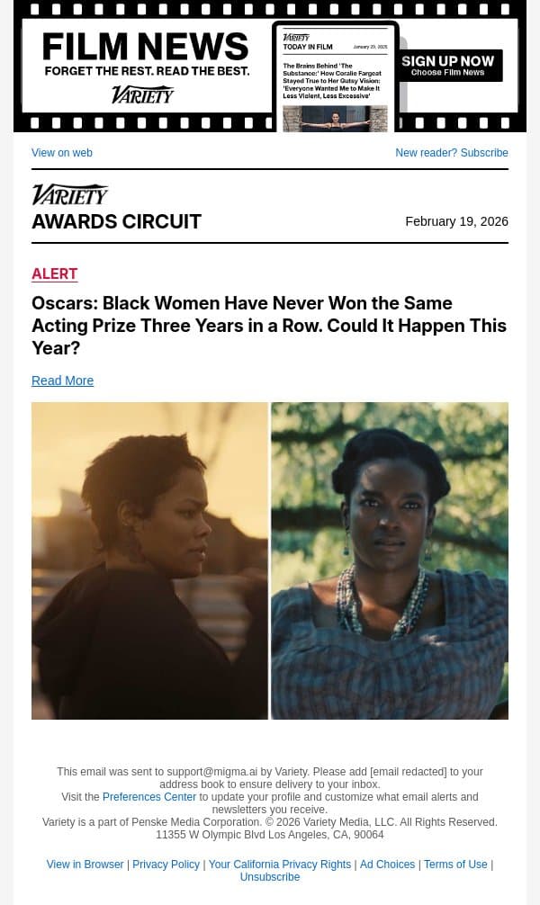 Oscars: Black Women Have Never Won the Same Acting Prize Three Years in a Row. Could It Happen This Year? email from Variety screenshot