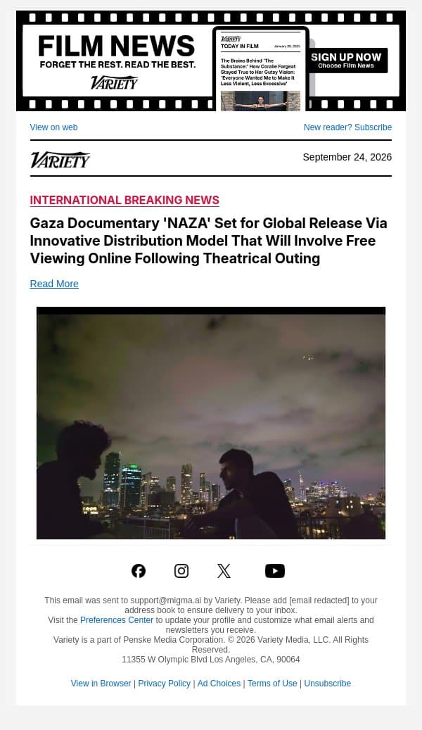 Gaza Documentary 'NAZA' Set for Global Release Via Innovative Distribution Model That Will Involve Free Viewing Online Following Theatrical Outing email from Variety screenshot